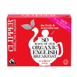 Clipper Fairtrade Organic English Breakfast Tea Bags | Black Tea Bags | Natural, Unbleached, Plant-Based Biodegradable & Sustainable Teabags | Eco Conscious, Non GM & Fair Trade Tea (80 Teabags)
