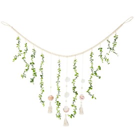GORGECRAFT Hanging Eucalyptus Wall Decor 1.4 x 0.7M Artificial Large Boho Rustic Natural Green Plants Leaves Cotton Shell Wooden Beads Garland Decoration with Tassel for Home Nursery Farmhouse