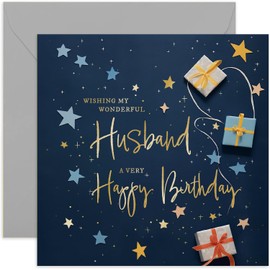 Old English Co. Husband Birthday Card for Him - Navy Blue Male Birthday Card for Family - Stars Wrapped Gifts Presents Card Design - Modern Birthday Card | Blank Inside
