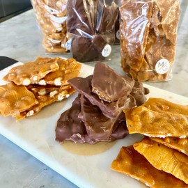 Gourmet Gift Box of 3 Types of Brittle - Peanut Brittle, Chocolate Covered Peanut Brittle, and Cashew Brittle. Three 10 oz Brittle Gift Bags