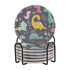 Bar Coaster for Drinks, Coil Woven Coasters Holder Pad 3.94 in Diameter for Mugs Thickness of 0.24 in with Metal Rack Print Dinosaurs Colorful Dinos Seamless