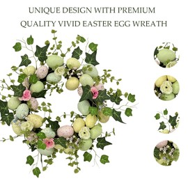 18 Inch Easter Wreath with Colorful Eggs, Spring Summer Wreath for Front Door Farmhouse Holiday Wall Home Window Party Decoration