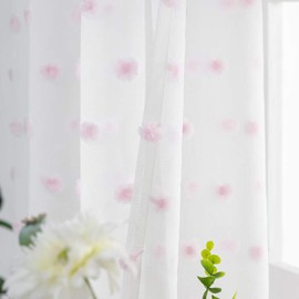 FINECITY White Sheer Curtains 96 Inch Length - Rod Pocket Embroidered Cute Pink Pom Poms Curtain 2 Panels Light Filter Soft Window Voile Drapes for Girls Room, 52 x 96 Inch, 1 Pair, White Pink