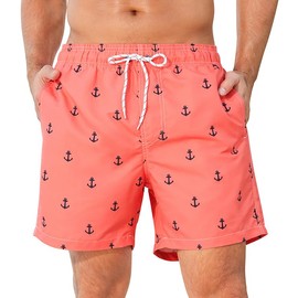 SILKWORLD Mens Swim Trunks Quick Dry Swimsuit Beach Shorts with Pockets, Anchor(red Orange), X-Large