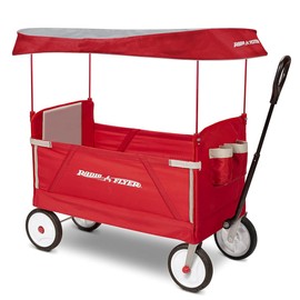 Radio Flyer Foldable Wagon for Kids, Rolling Cart, Baby Stroller, Beach Cart, 3-in-1 EZ Fold Stroller Wagon with Canopy, Red, for Ages 1.5+ Years