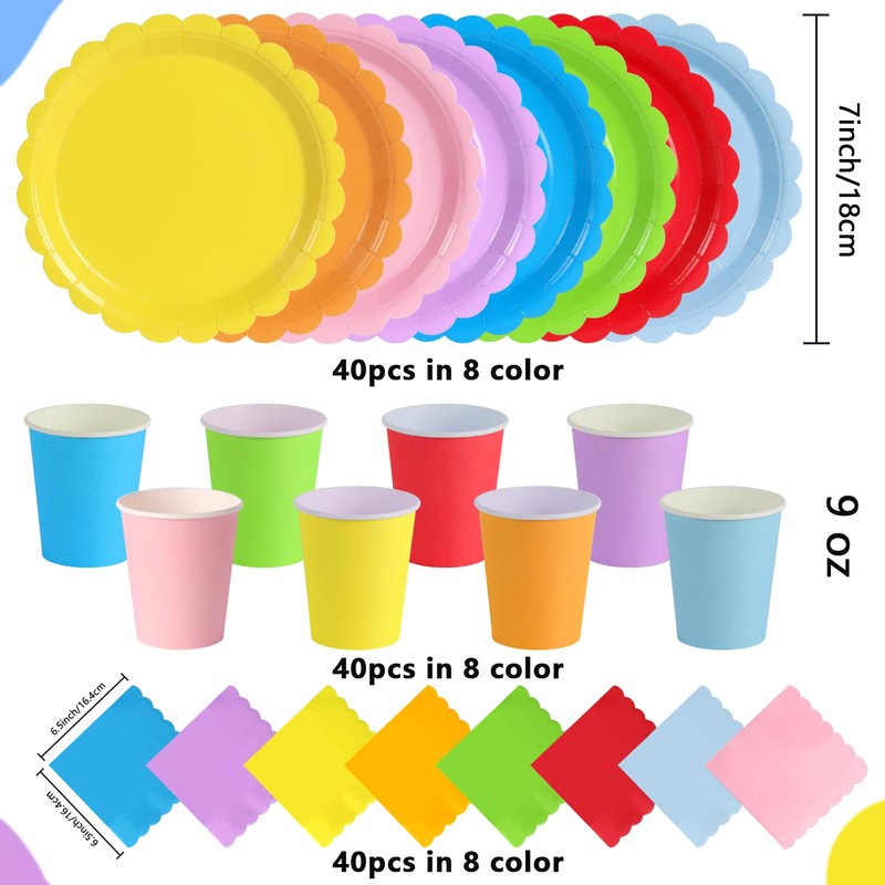 ZblPyro 120pcs Rainbow Party Plates Cups and Napkins for 40