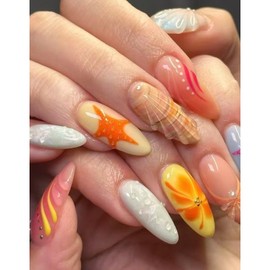 Almond Press on Nails Medium 3D Fake Nails False Nails with Starfish Shell Polka Dots Designs Summer Acrylic Nails Handmade Nail Ocean Glossy Glue on Nail for Women Girls 30Pcs
