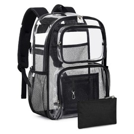 Flowston Clear Backpack for School, Large TPU Clear Bookbag for Women Men Boys Girls, See Through Transparent Heavy Duty Backpacks with Multiple Pockets for College Work Travel Security,Black