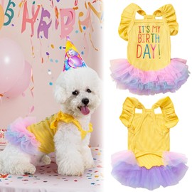 Yaopelky Dog Birthday Dress It's My Birthday Dog Dress Small Doggy Girl's Tutu Dresses Ruffle Sleeless Puppy Clothes Tulle Lace Skirt Pet Costume Cat Outfits (Yellow, S)