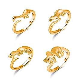 Caiyao 4Pcs Cute Dinosaur Tyrannosaurus Triceratops Ring Set 14K Silver Plated Lovely Opening Adjustable Polished Animal Ring for Women Men Jurassic Bar Era Dinosaur Jewelry Gift-D 4pcs gold