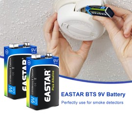 EASTAR BTS 9V Batteries, 9 Volt Battery Ultra Long Lasting with 10 Year Shelf Life, 9 Volt Alkaline Leakproof Design Batteries for Smoke Detectors & Wireless Microphones (2 Counts)