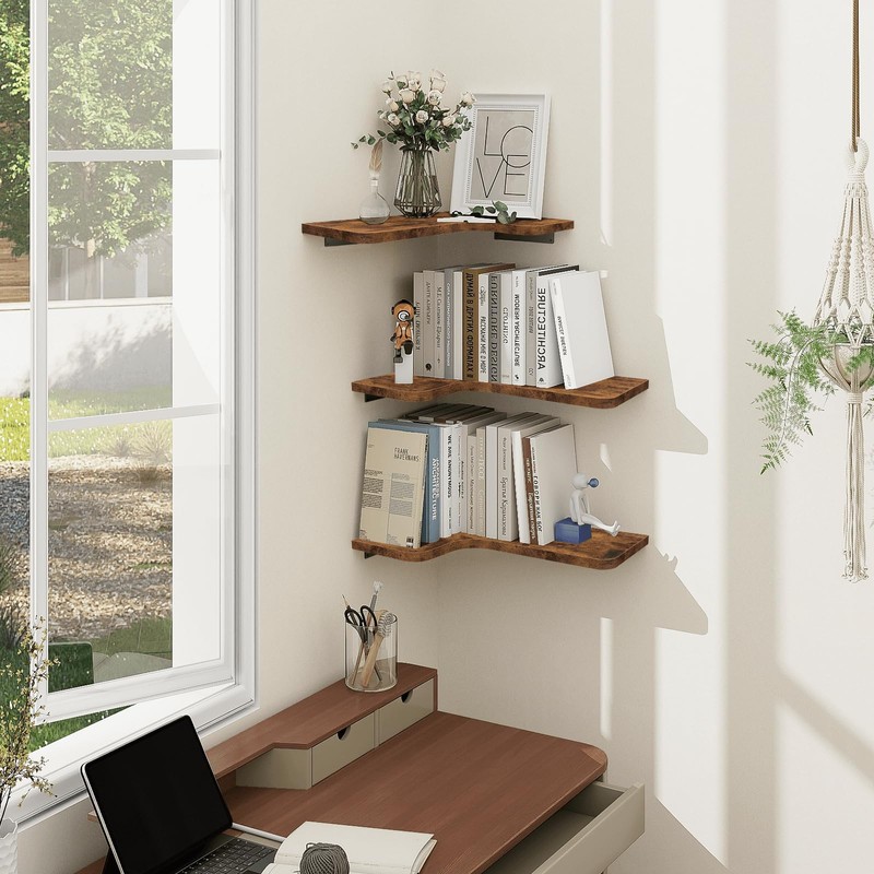 Homode Corner Floating Shelves, Corner Shelves Wall Mounted with Cord