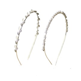 Pokinge 2 Pcs Sweet Fairy Headbands, Korean Style Pearl Headwear Crystal Leaf Women Hair Hoop Thin Simple Fashion Headband Rhinestones Wedding Hairband
