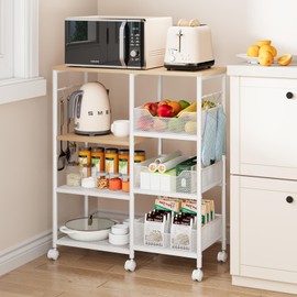SWTYMIKI Kitchen Island Cart on Wheels - 4 Tier Rolling Kitchen Table Cart with Storage Shelves, 6 Removable Hooks& Locking Casters, Coffee Bar Cabinet for Dining Room Pantry Office, White