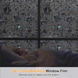 SUNDEF FILM Blackout Window Film, 100% Sun Light Blocking Removable Privacy Windows Cover, Stained Glass Window Tint for Home, Static Cling Room Darkening Windows Stickers (Black Tulip, 35.4" x 78.7")