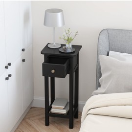 GORELAX Narrow End Table, Tall Nightstand with Drawer & Shelf, Slim Small Bedside Table w/Anti-Tipping Device, No Assembly, Wooden Small Side Table for Small Space, Living Room, Bedroom, Black