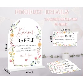 Baby Shower Games - Wildflower Diaper Raffle, 1 Arch Acrylic Sign and 50 Diaper Raffle Tickets, Gender Reveal Game, Floral Baby Shower Decoration Supplies (NS05)
