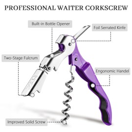 HYZ 2-Pack Wine Opener Waiter Corkscrew, Professional Wine Key for Servers, Bartender with Foil Cutter, Manual Wine Bottle Opener Double Hinged (Dark Purple)