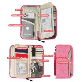 Passport Holder for Travel Family, Travel Wallet Document Organizer, Passport Wallet for Women/Men, RFID Passport Holder Travel Essentials Trifold Wallet, 16 Pink