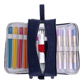 Federmäppchen aus Cord-Stoff (Dunkelblau), Schlamperrolle mit 3 Fächern & großer Kapazität, für 50+ Stifte, Robustes Schul-Zubehör, mit Reißverschluss, Ideal für Schule, Uni & Büro (dark blue)