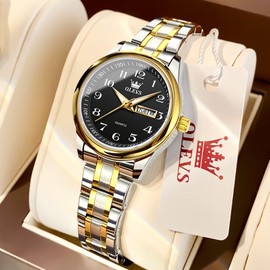 OLEVS Watches for Women UK Ladies Analog Quartz Silver and Gold Women's Watches Date Day Stainless Steel Waterproof Large Numbers Easy Read Dress Wrist Watches