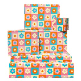 Floral Wrapping Paper - 6 Sheets Of Girly Gift Wrap - Retro Flowers Grid - Girls Wrapping Paper For Birthday Hen Do Anniversary - Comes With Stickers - By Central 23