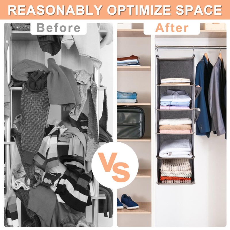 BOOMIBOO Hanging Closet Organize and Shelves，5-Hanging Shelf with 2 Side