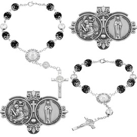 Frienda 4 Pcs Saint Benedict Car Decor 2 Pcs Black Rearview Mirror Auto Rosary Hanging 2 Pcs St. Christopher Medal Cross Catholic Car for Truck Bike Motorcycle Car Mirror Hanging Accessories