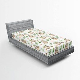 Ambesonne - Sábana bajera ajustable con diseño de perezosos y madres, flores de colores suaves, hojas de árbol de coco, familia feliz, funda de cama con bolsillo elástico profundo para mayor