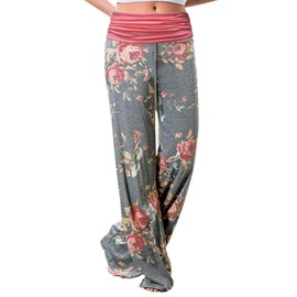 Gracyoga Women's Comfy Pajama Pants Wide Leg Lounge Palazzo Yoga Pants Stretch Casual Floral Print Fold Waist Pants