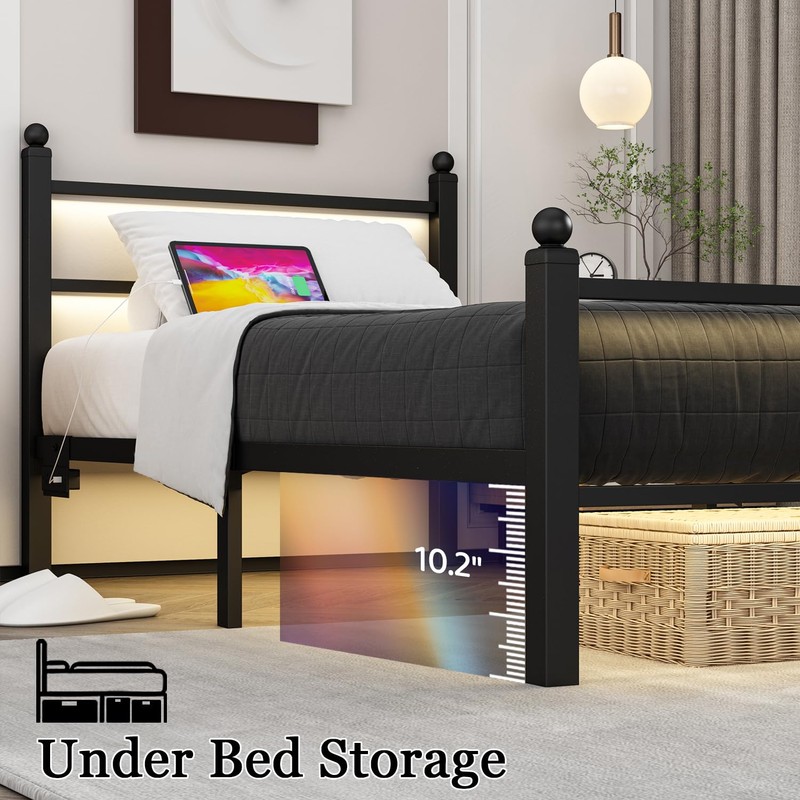 Twin Bed Frames With Charging Station & LED Lights, Metal