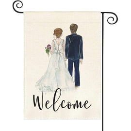 We Are Married Welcome to Our Wedding Double Sided Garden Flag 12x18 inches, Wedding Motorcycle Flower Wedding Dress Welcome Garden Flag Home Yard Outdoor Decoration -F