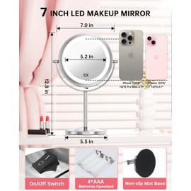 Gospire 7" Lighted Makeup Mirror with Magnification 10X/1X Double Sided, Round Magnifying LED Vanity Standing Cosmetic Shaving Mirror with Battery Operated, Cordless Portable for Bathroom Bedroom