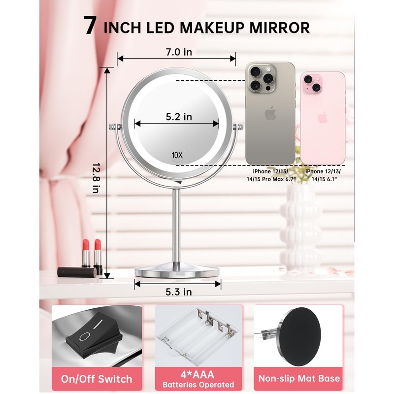 Gospire 7" Lighted Makeup Mirror with Magnification 10X/1X Double Sided,