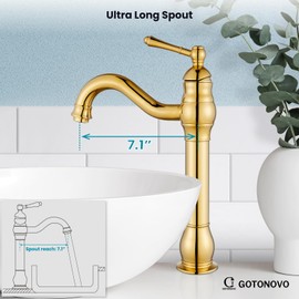 gotonovo Polish Gold Vessel Sink Faucet Bathroom Single Handle Lavatory Vanity Mixer Bar Tap with Pop Up Drain Tall Spout Single Hole Deck Mount