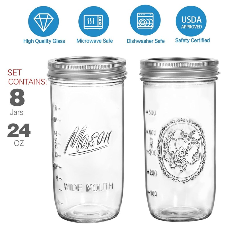 24 oz Wide Mouth Mason Jars - Canning Jars with