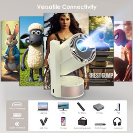 Projector with WiFi and Bluetooth, Support 1080P 4K, 270°Rotatable Portable Projector with Autofocus and Auto Keystone, Home Projector with HIFI Stereo Sound for TV Stick, Laptop, PC, Phone (White)