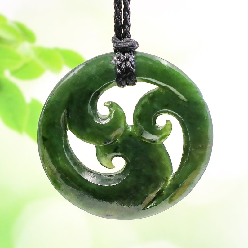 Nephrite Jade Stylized Maori Closed Triple Koru Spiral Harmony Necklace