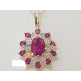 Ladies Solid 925 Sterling Silver Ornate Large Natural Ruby & Opal Large Cluster Pendant Necklace