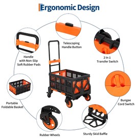 2-in-1 Folding Hand Truck, Portable Folding Hand Cart with Foldable Basket, 330LB Capacity Dolly Cart with Elastic Bungee Rope, 4 Wheels and Retractable Handle for Luggage, Moving, Office, Orange