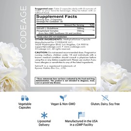 Codeage Liposomal Glutathione Supplement - Pure Reduced Setria L Glutathione Skin - Nano Encapsulated Glutathione Powder Pills - Phospholipids - Antioxidant Complex - Vegan, Non-GMO - 60 Capsules