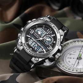 KXAITO Men's Watches Sports Outdoor Waterproof Military Watch Date Multi Function Tactics LED Face Alarm Stopwatch for Men (6024_Silver)