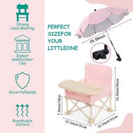 Suzile Outdoor Beach Chair with Umbrella Travel Booster Seat with Tray Compact Folding Chair Portable Booster Chair with Storage Bag, Backrest Pocket for Dining Table, Camping (Baby Pink)