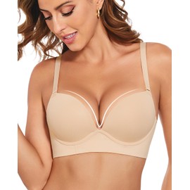 Amafuur Padded Push Up Bras for Women Plunge Seamless T-Shirt Bra Longline Underwire Support Add One Cup Nude，38D