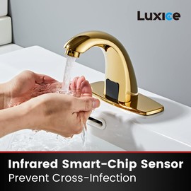 Luxice Touchless Bathroom Sink Faucet/Automatic Sensor Hands Free Commercial Faucet/DC Battery Powered Hot & Cold Water Saving Mixing Tap, Polished Gold Finish