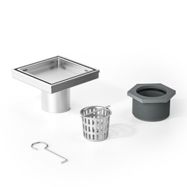 Bernkot Square Shower Drain 4", Brushed Floor Drain with Tiled Insert Grate & Hair Strainer, 304 Stainless Steel Bathroom 2-in-1 Tiled in Drain, CUPC Certified (Brushed, 4'')