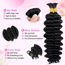 Human Braiding Hair for Boho Braids Human Knotless Hair 100g 20 Inch Bulk Human Hair Deep Wave Bundles Wet and Wavy 12A Boho Human Hair for Braiding Curly Hair Extensions Bulk Bohemian 2 Bundles/Pack