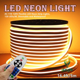 LED NEON Light, IEKOV™ AC 110-120V Flexible LED Neon Strip Lights, 120 LEDs/M, Waterproof 2835 SMD LED Rope Light + Controller Power Cord for Home Decoration (16.4ft/5m, Warm White)