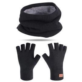 2 PCS Winter Warm Scarf and Glove Set, Winter Velvet Neck Scarf for Men with Half Finger Warm Knitted Gloves, Neck Warmer for Women Adult Thickened Thermal Knitted Gloves Winter Accessories Set, Black