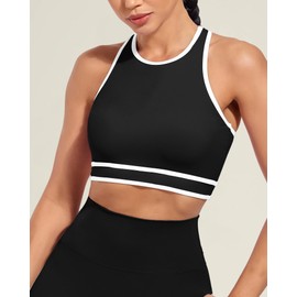 XUNYU High Neck Longline Sports Bra for Women Supportive Workout Tops Built in Bra Racerback Yoga Gym Tank Crop Top